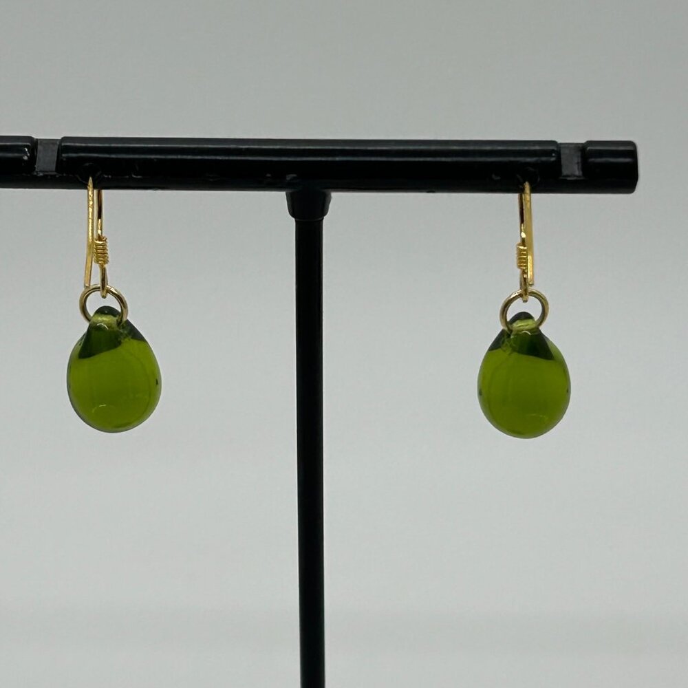 Handmade Green Teardrop Glass Earrings With Sterling Silver Wire Hooks For Women - Picture 10 of 15